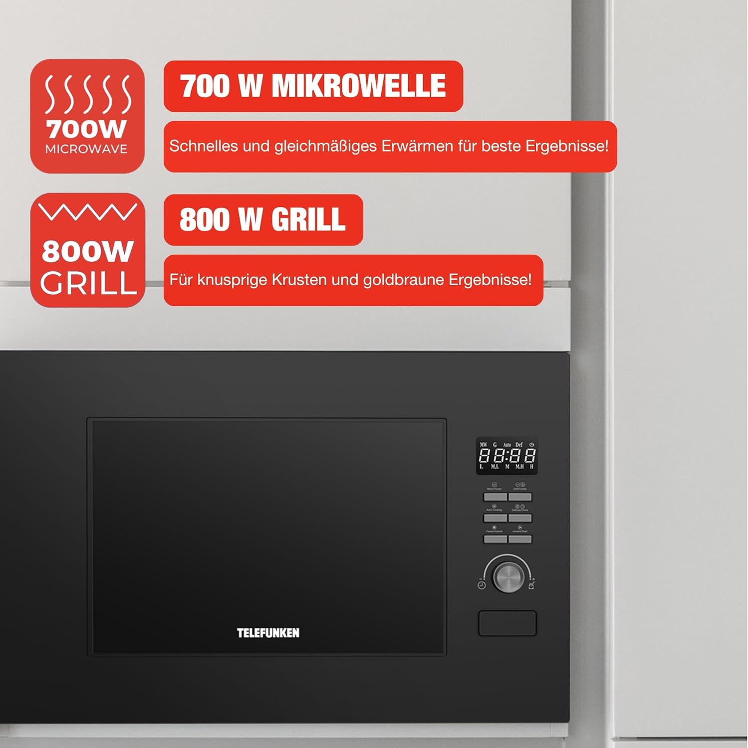 Telefunken Einbaumikrowelle mit Grill | Mikrowelle mit 20 L Garraum | Einbau Mikrowellengerät 60 cm | 8 Auto-Menüs | 700 W | 800 W Grill | 5 Leistungsstufen | mit Drehteller | schwarz | B-MWE-20-G-B