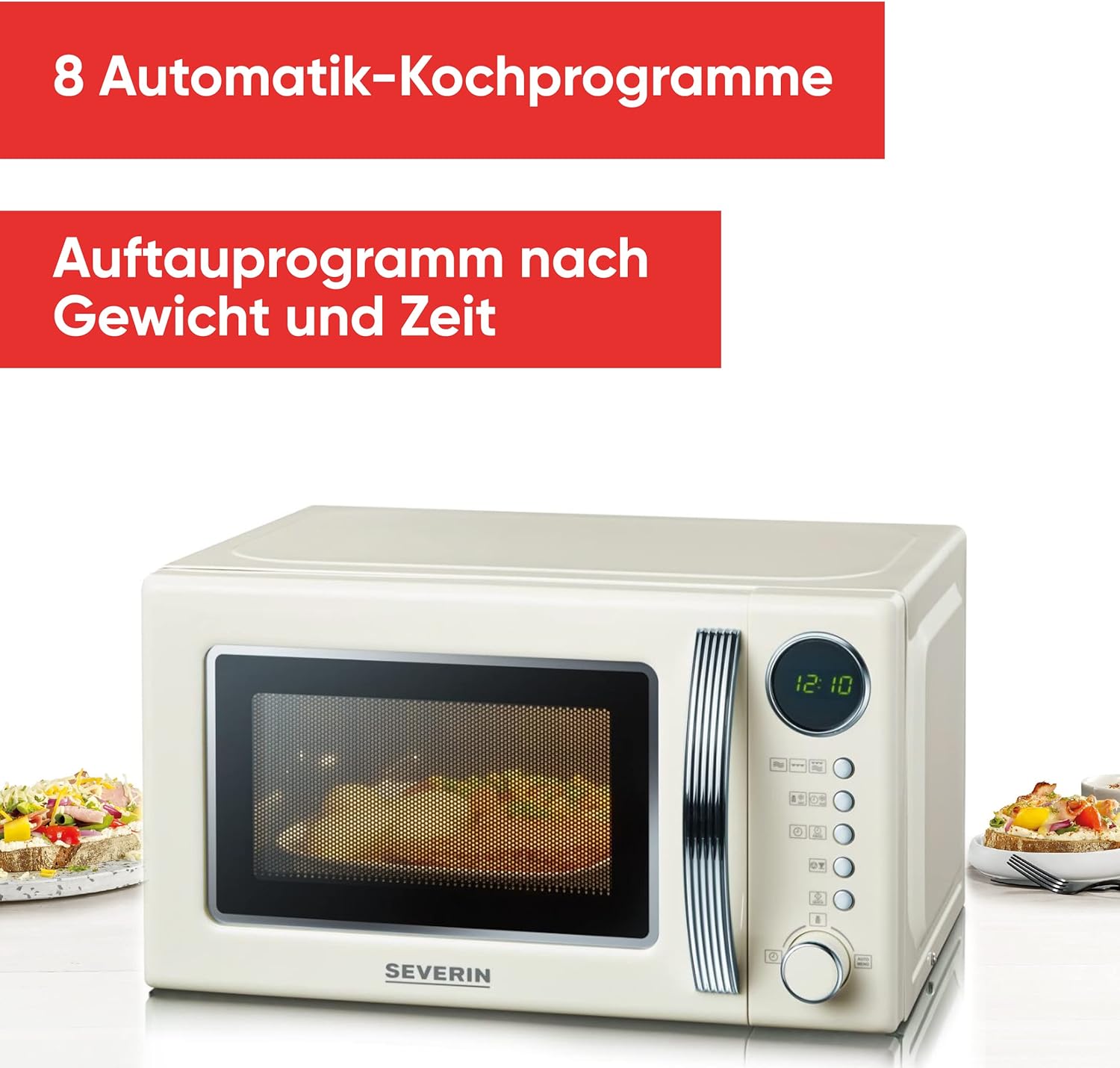 SEVERIN 2-in-1 Retro Mikrowelle mit Grillfunktion, Grillofen mit 5 Leistungsstufen und 8 Automatikprogrammen, hochwertige Mikrowelle mit Grill, ca. 700 W, creme / chrom, MW 7892