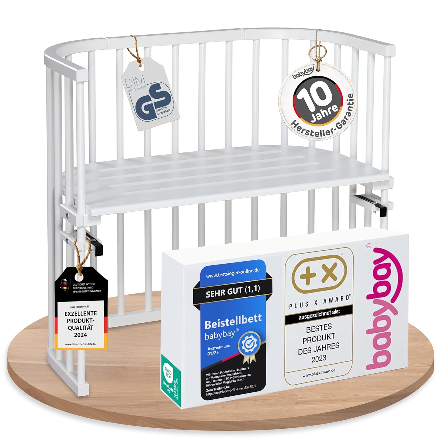 babybay Original Beistellbett aus massivem Buchenholz / kompakt & verwandelbar / Kinderbett Höhe stufenlos verstellbar & umweltfreundlich / mitwachsendes Babybett (weiß lackiert) / inkl. Matratze