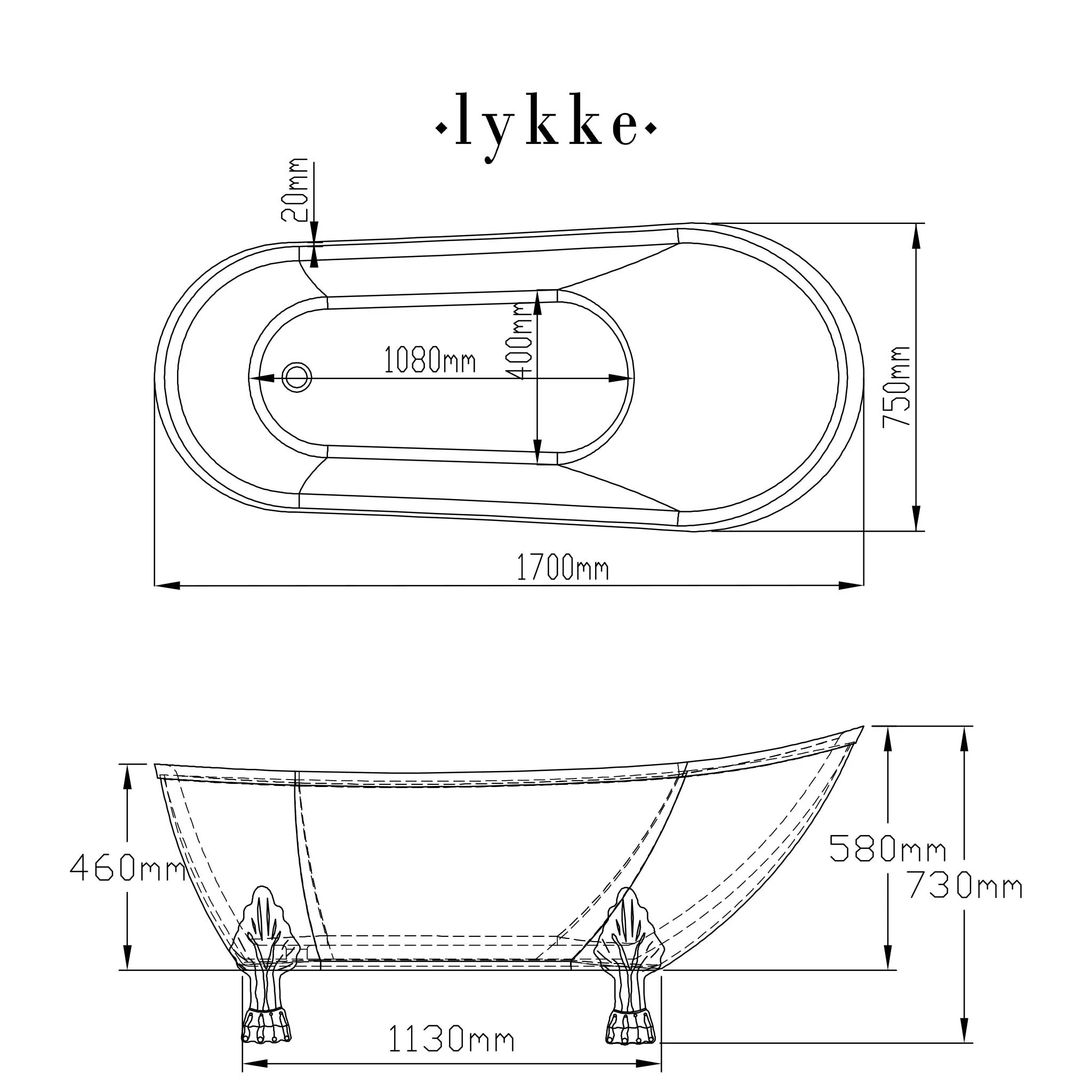 Lykke Badewanne mit Füen Nordic Deluxe 1700x750x730mm, Wei