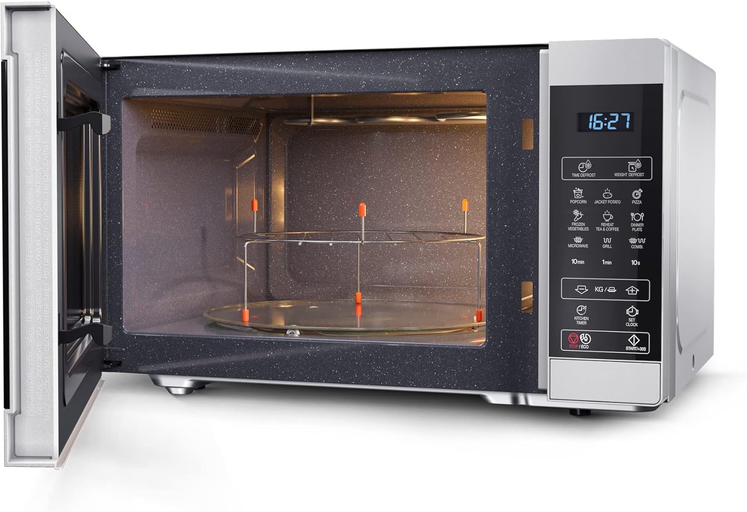 SHARP MG81ES Mikrowelle mit Grill (Mikrowelle: 900W, Grill: 1100W, 11 Leistungsstufen, Auftaufunktion, Abmessungen: 512x300x396cm, Emaille-Keramik-Garraum mit antibakteriellen Eigenschaften), silber