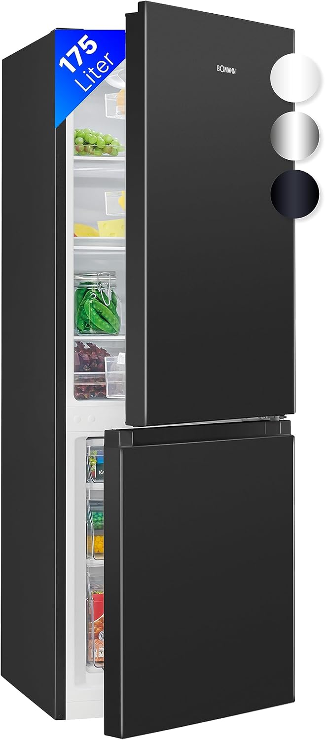 Bomann® Kühlschrank mit Gefrierfach 143cm hoch | Kühl Gefrierkombination 175L mit 3 Ablagen & 3 Schubladen | Türanschlag wechselbar | leise Kühlgefrierkombi 39db | Kühlschrank KG 322.1 inox-look
