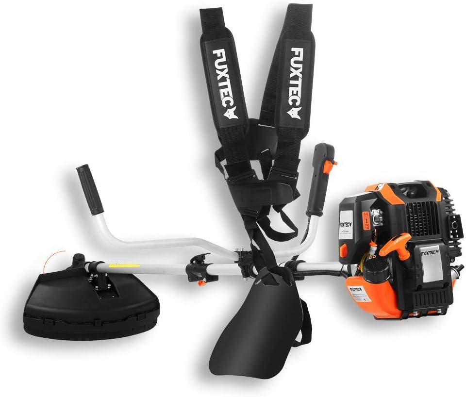 FUXTEC Benzin Motorsense FX-4MS142, Rasentrimmer mit 4-Taktmotor, 320 mm Schnittkreis, Geschwindigkeitsregler und Easy-Starter, inkl. Fadenspule/Profi-Tragegurt