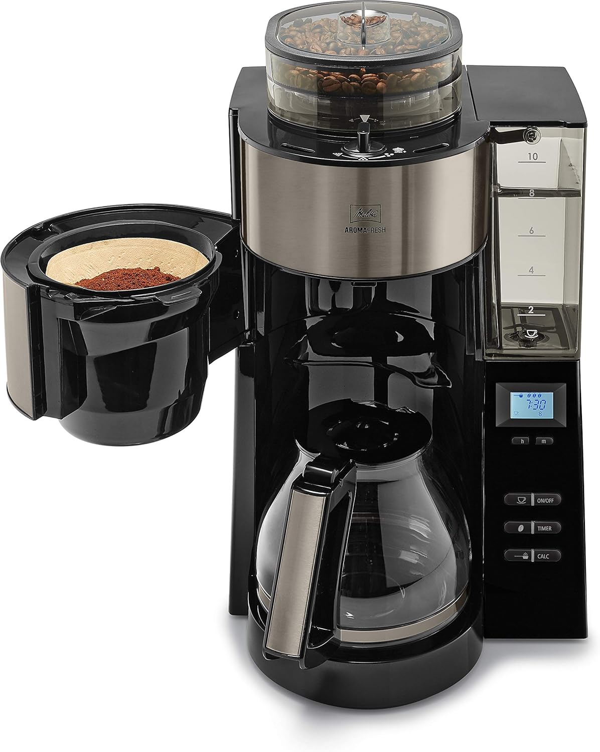 Melitta AromaFresh - Filterkaffeemaschine - mit Glaskanne - integriertes Mahlwerk - Timer Funktion - 10 Tassen - Pure Black