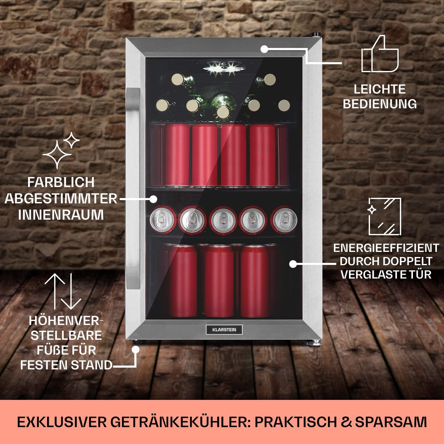 Klarstein Kühlschrank 70L, Kleiner Kühlschrank mit Herausnehmbaren Ablagen, Leiser Mini Kühlschrank mit Glastür & LED, Getränkekühlschrank Klein, Outdoor Geeignet, Biersafe für Flaschen, 0-10°C