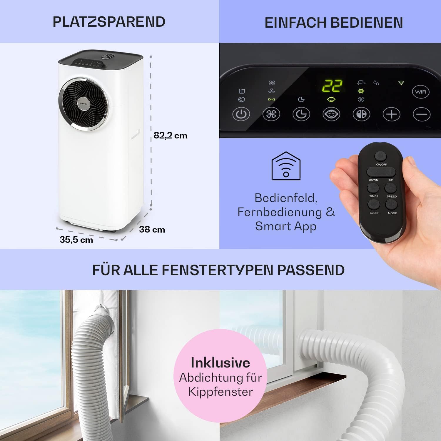 Klarstein Mobile Klimaanlage mit Abluftschlauch, 5-in-1 Klimagerät, Ventilator, Luftentfeuchter, Luftreiniger & Nachtmodus, App-Steuerung, Kleine & Portable für Wohnung & Büro, 12000 BTU