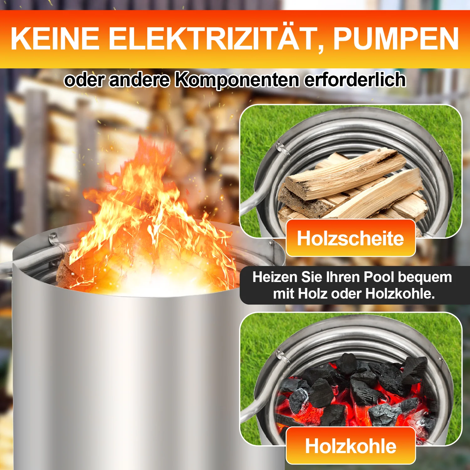 Sonnewelt Poolheizung Feuertonne mit Heizspirale Edelstahl