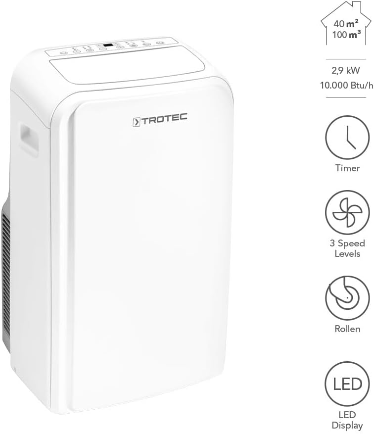 TROTEC PAC 2100 X mobile Klimaanlage 3-in-1 Kühlung, Ventilation, Entfeuchtung Monoblock-Klimagerät 2 kW 7.000 BTU/h für Raumgrößen bis 26 m² und 65 m³ 2 Ventilationsstufen