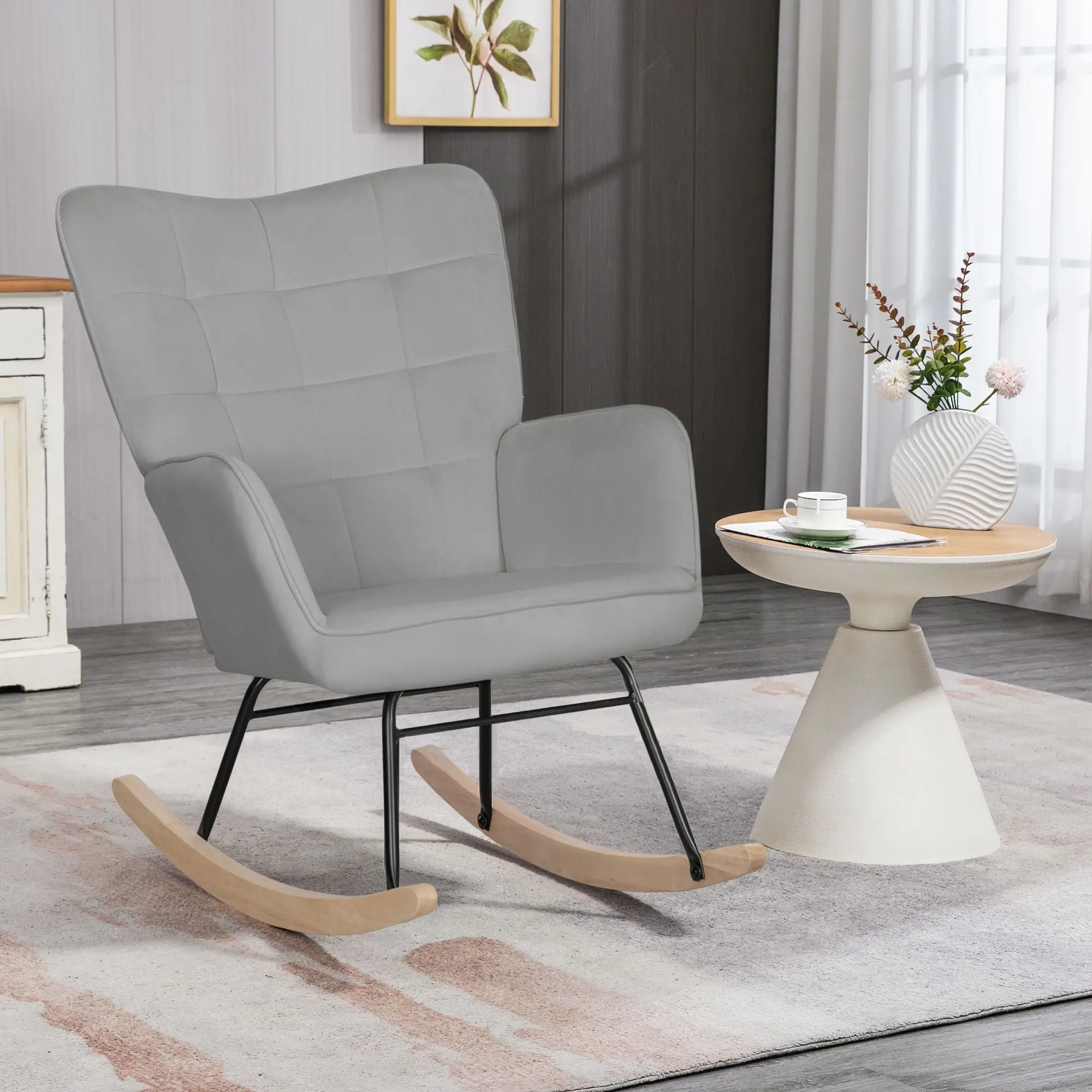 HOMCOM Schaukelstuhl mit Samtoptik & Holzkufen, Hellgrau