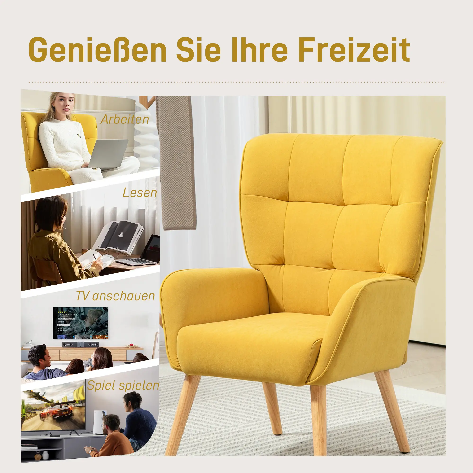 HOMCOM Polsterstuhl Loungesessel luxuriöser Komfort Steppung Samt Gelb