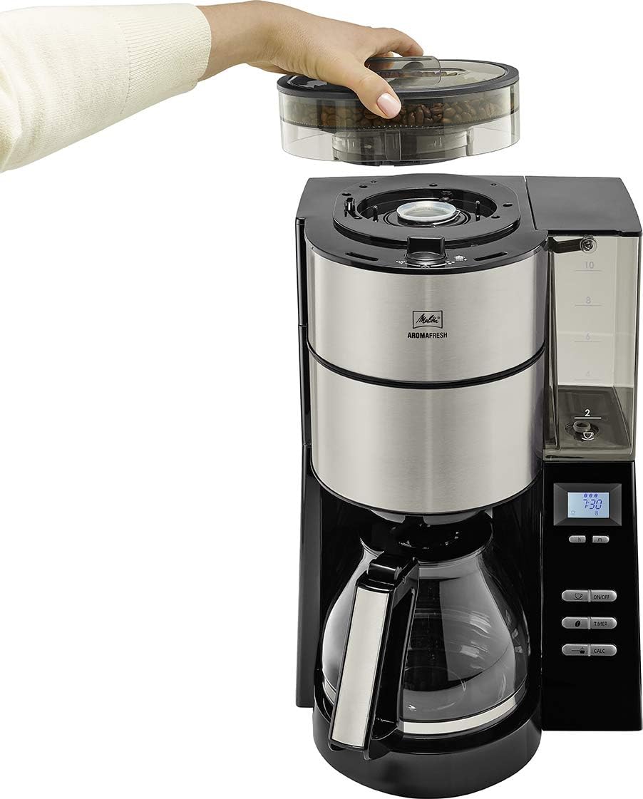 Melitta AromaFresh - Filterkaffeemaschine - mit Glaskanne - integriertes Mahlwerk - Timer Funktion - 10 Tassen - Pure Black