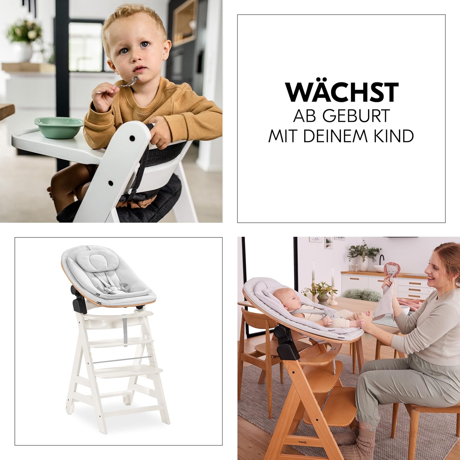 hauck Hochstuhl Beta+ Newborn Set Eco Bouncer - mitwachsender Holz Babyhochstuhl ab Geburt, inkl. Neugeborenenaufsatz, Sitzpolster und Essbrett - Dark Grey