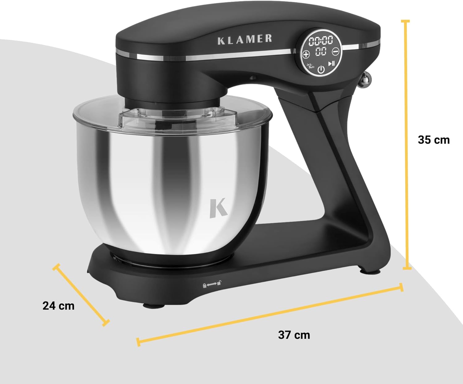 KLAMER Küchenmaschine 1800W, Knetmaschine mit 6 Liter Edelstahl Schüssel, 10 Geschwindigkeitsstufen mit Timer, Rührbesen, Knethaken, Schneebesen und Spritzschutz