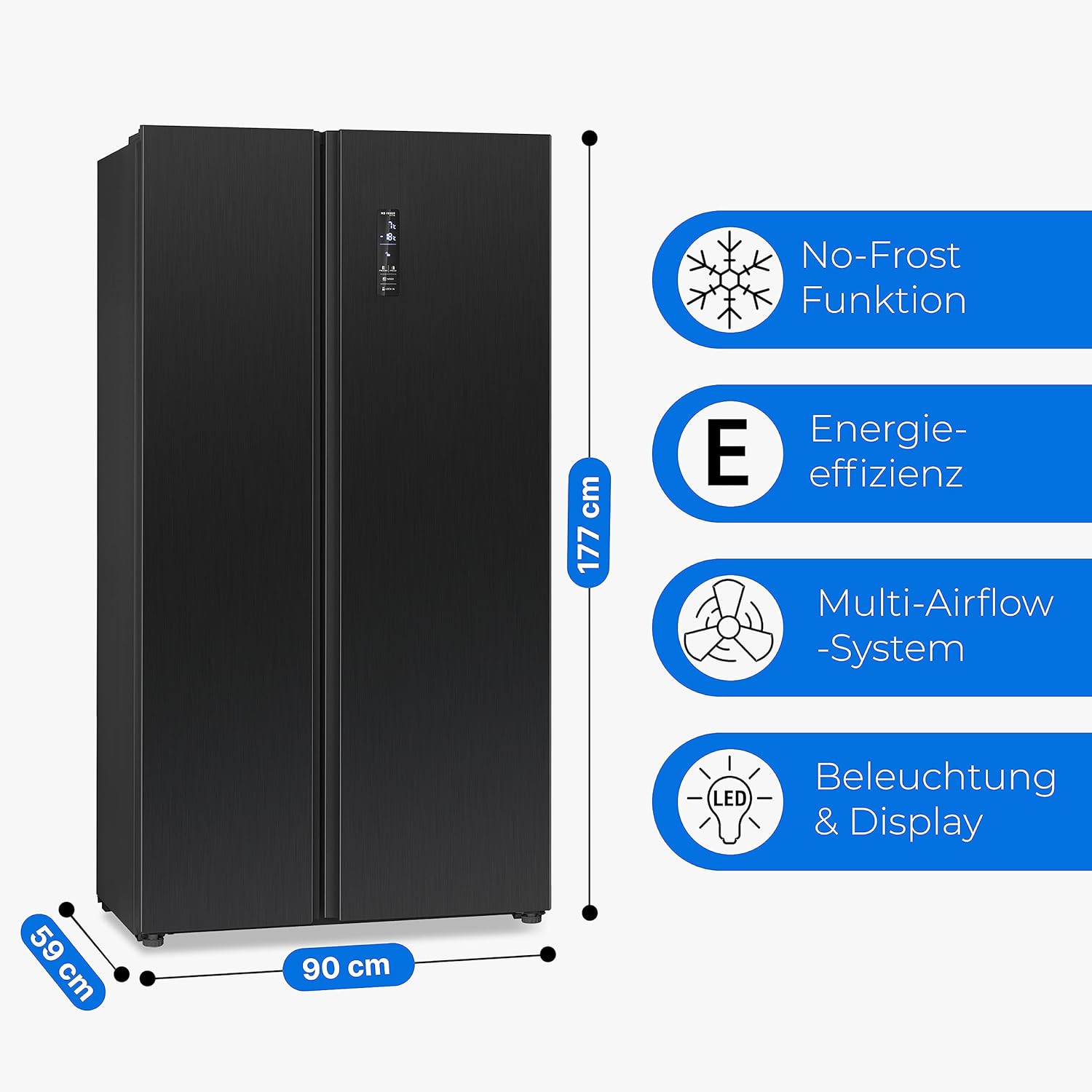 Bomann® Side by Side Kühl Gefrierkombination | No Frost | 442L Inhalt | Kühlschrank mit Gefrierfach | Kühlschrank mit MultiAirflow-Technologie | Verbrauch 287 kWh/Jahr | SBS 7344 black-inox