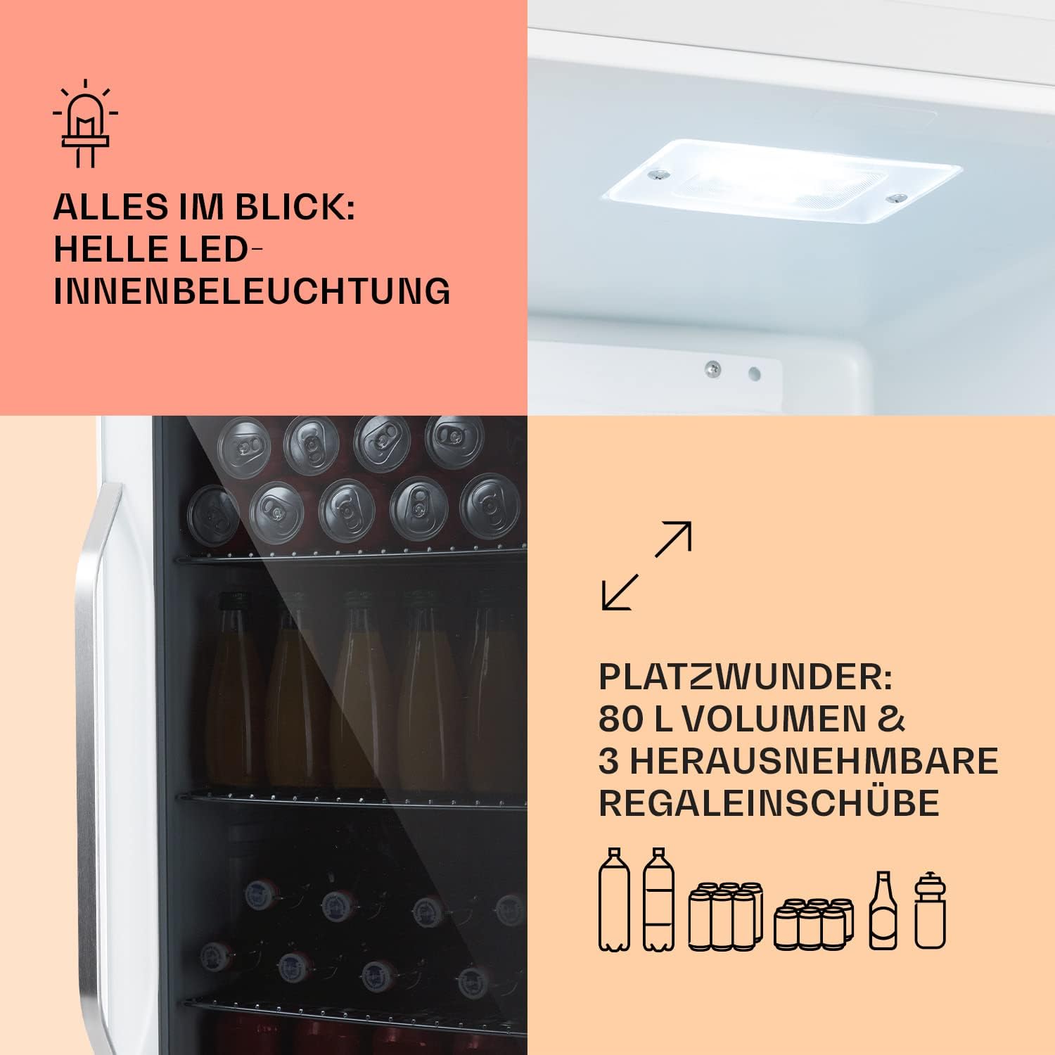 Klarstein Mini Kühlschrank mit Glastür für Zimmer, Getrnkekühlschrank mit Verstellbaren Ablagen, Kleiner 80 Liter, Indoor/Outdoor Kühlschrank Leise