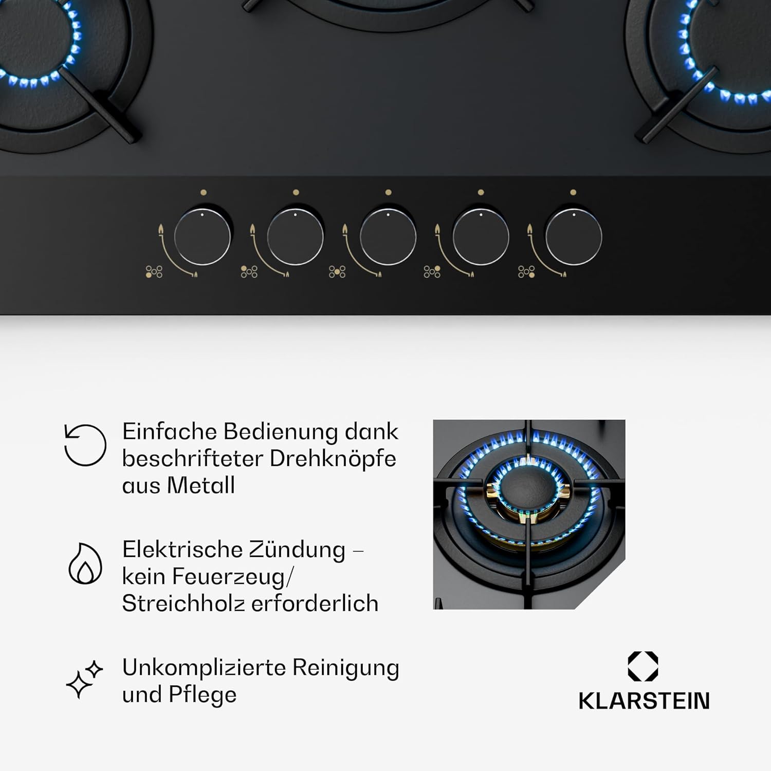 Klarstein Gasherd, Gaskochfeld 5 Flammen, Einbau-Gaskocher für Zuhause & Wohnmobil, Campingkocher mit Glasplatte, Gasherd für Propan- und Erdgas, Edelstahl Gas-Herdplatte Wok Brenner 10400 Watt