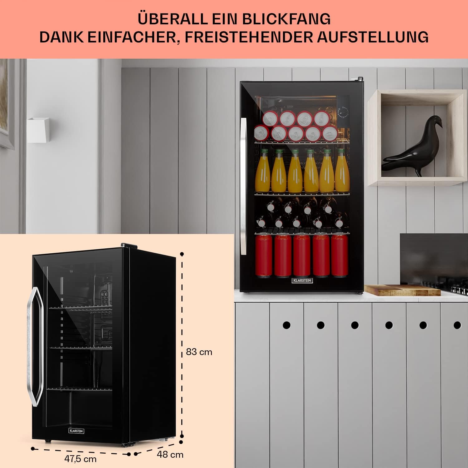 Klarstein Mini Kühlschrank mit Glastür für Zimmer, Getrnkekühlschrank mit Verstellbaren Ablagen, Kleiner 80 Liter, Indoor/Outdoor Kühlschrank Leise