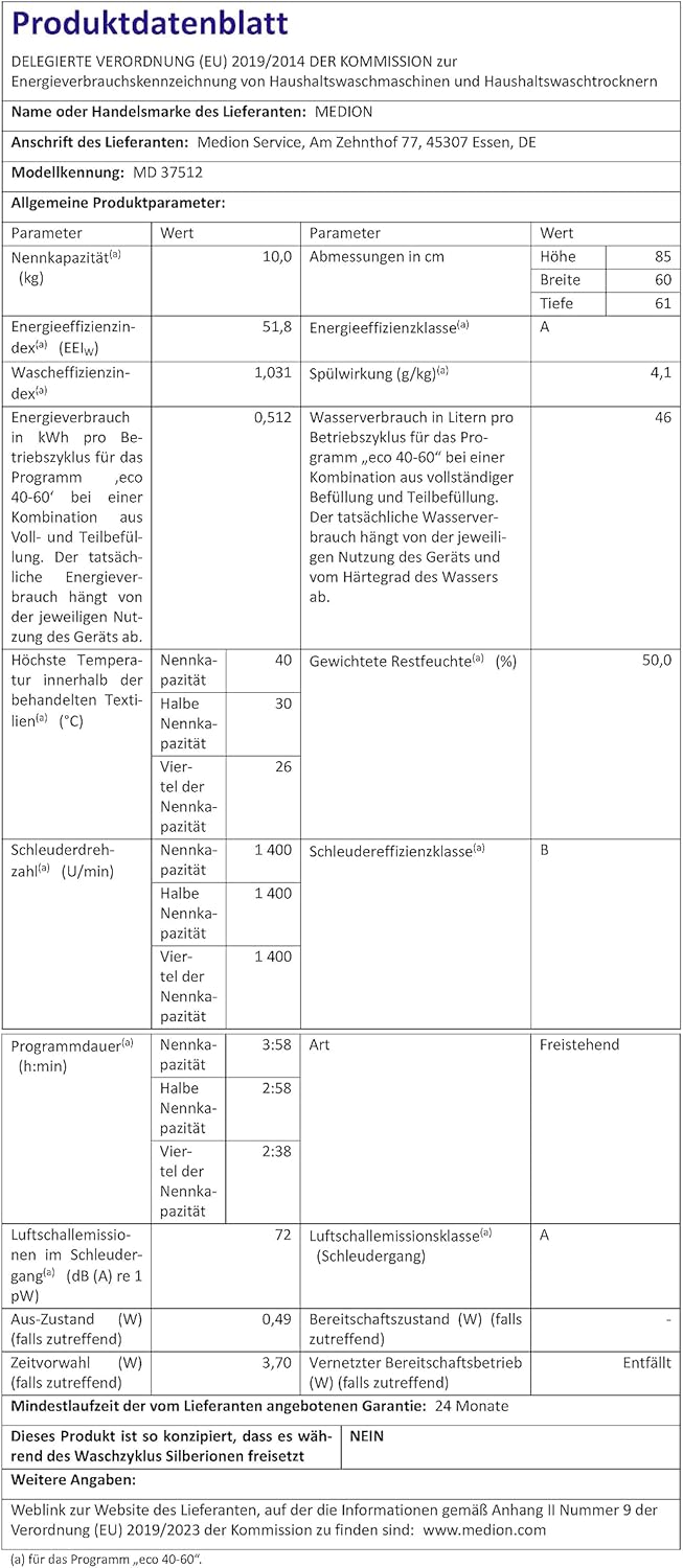 MEDION Waschmaschine (8 kg, 1400 U/Min, 15 Programme, Timerfunktion, Kindersicherung, LED Display, MD 37511)