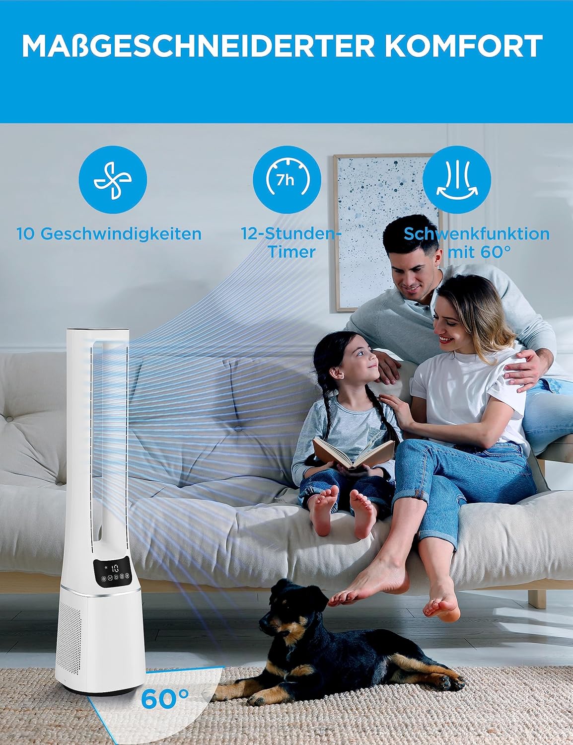 Midea MFP-120i (BL) 2 in 1 Turmventilator Leise 38dB Luftreiniger H13 True HEPA auf 47.6 ㎡ LED Display Fernbedienung Oszillation 12H Timer Kompatibel für Wireless Connection App Alexa Google