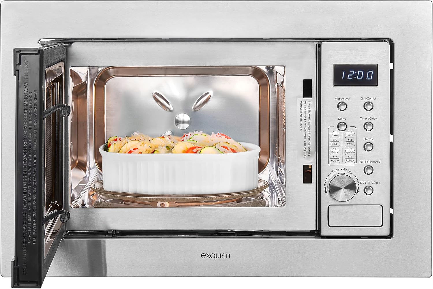 Exquisit Einbaumikrowelle EMW10-020 inox | 800 W Leistung | Kinderleichte Bedienung | Einfacher Einbau | Timer | Drehteller 27cm | Mikrowelle 60 cm | Einbaugerät | Edelstahl