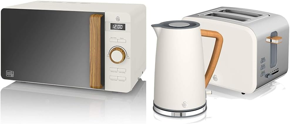 Swan Nordic Digitale Mikrowelle 20 l, 6 Betriebsstufen, 800 W Leistung, 30 Minuten Timer, einfache Reinigung, Auftau-Modus, modernes Design, Holz-Effekt, grau matt