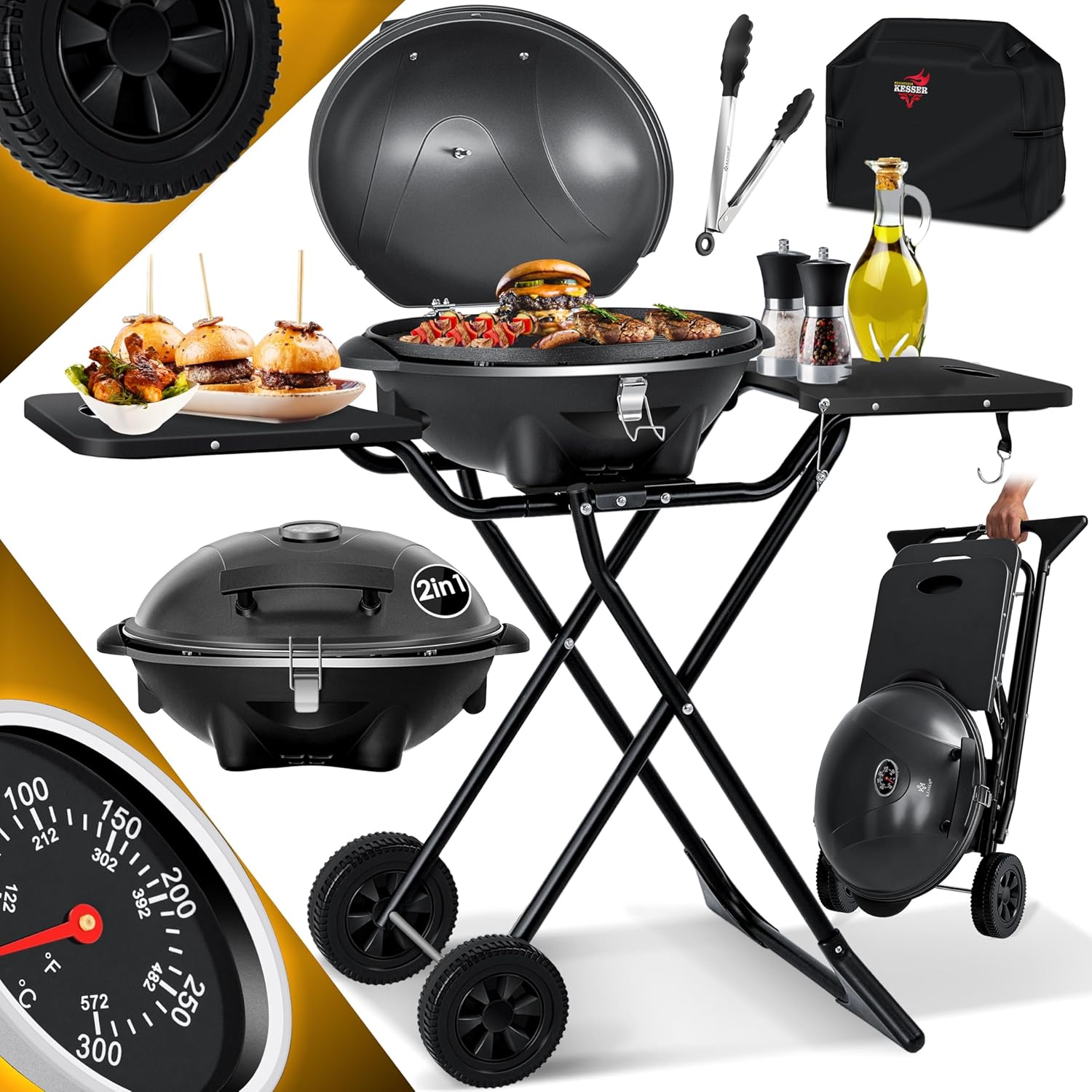 KESSER elektrischer Elektrogrill 2in1 Tischgrill - Standgrill mit Deckel und Standfuß | max. 2400 Watt | Faltbar | Thermostat | Antihaftbeschichtung | Grillplatte Abstelltische | 2 Räder |