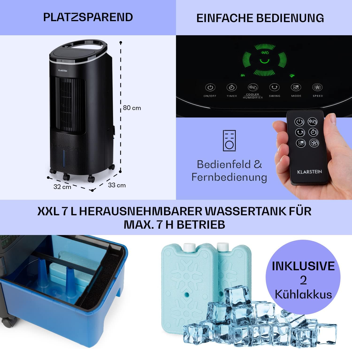 Klarstein Luftkühler mit Wasserkühlung, Leiser 4-in-1 Verdunstungskühler, Luftbefeuchter, Ventilator & Nachtmodus, Mobile Klimageräte Luftkühler 7L, 65W Air Cooler, 330m³/h Kühlender Luftstrom