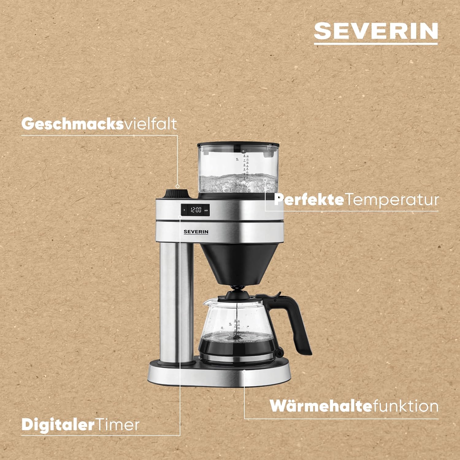 SEVERIN Filterkaffeemaschine Caprice, wie von Hand aufgebrüht mit dem Kaffeebereiter für bis zu 8 Tassen, Kaffeemaschine mit Timer, Edelstahl-gebürstet/schwarz-matt, KA 5760