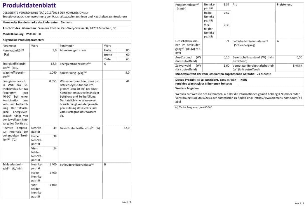 Siemens WU14UTS0 iQ500 unterbaufähige Waschmaschine, 9kg, 1400 UpM, Outdoor-Imprägnieren-Programm, varioSpeed Funktion, Nachlegefunktion