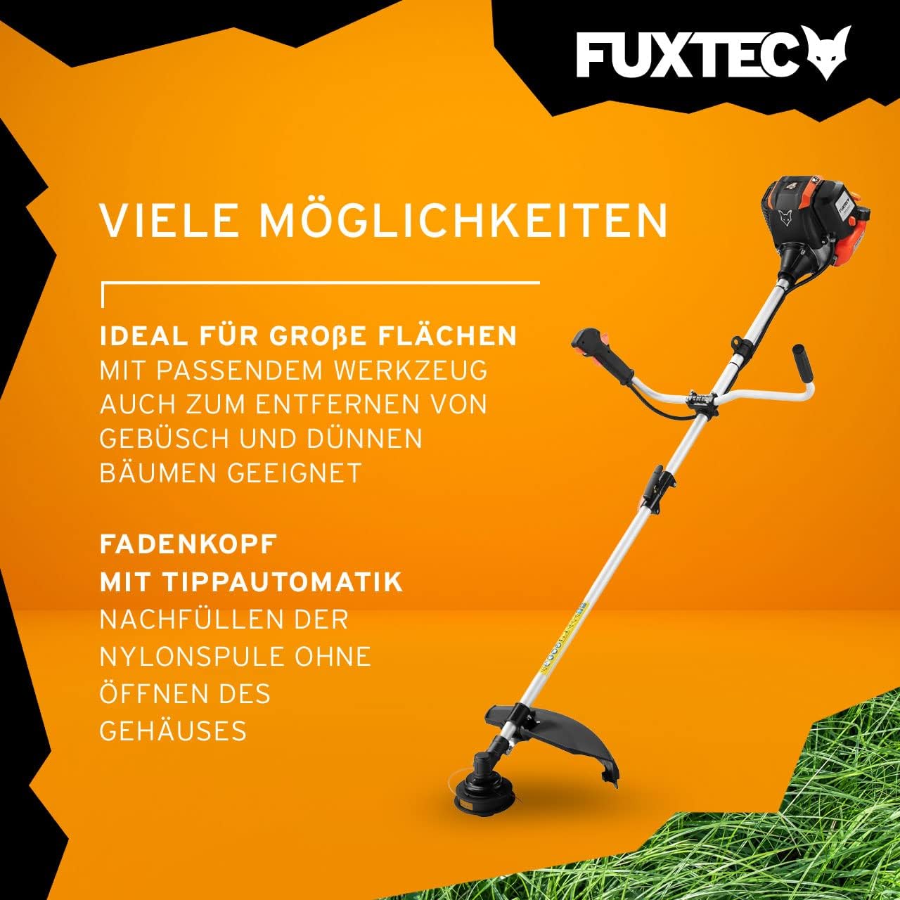 FUXTEC Benzin Motorsense FX-4MS142, Rasentrimmer mit 4-Taktmotor, 320 mm Schnittkreis, Geschwindigkeitsregler und Easy-Starter, inkl. Fadenspule/Profi-Tragegurt