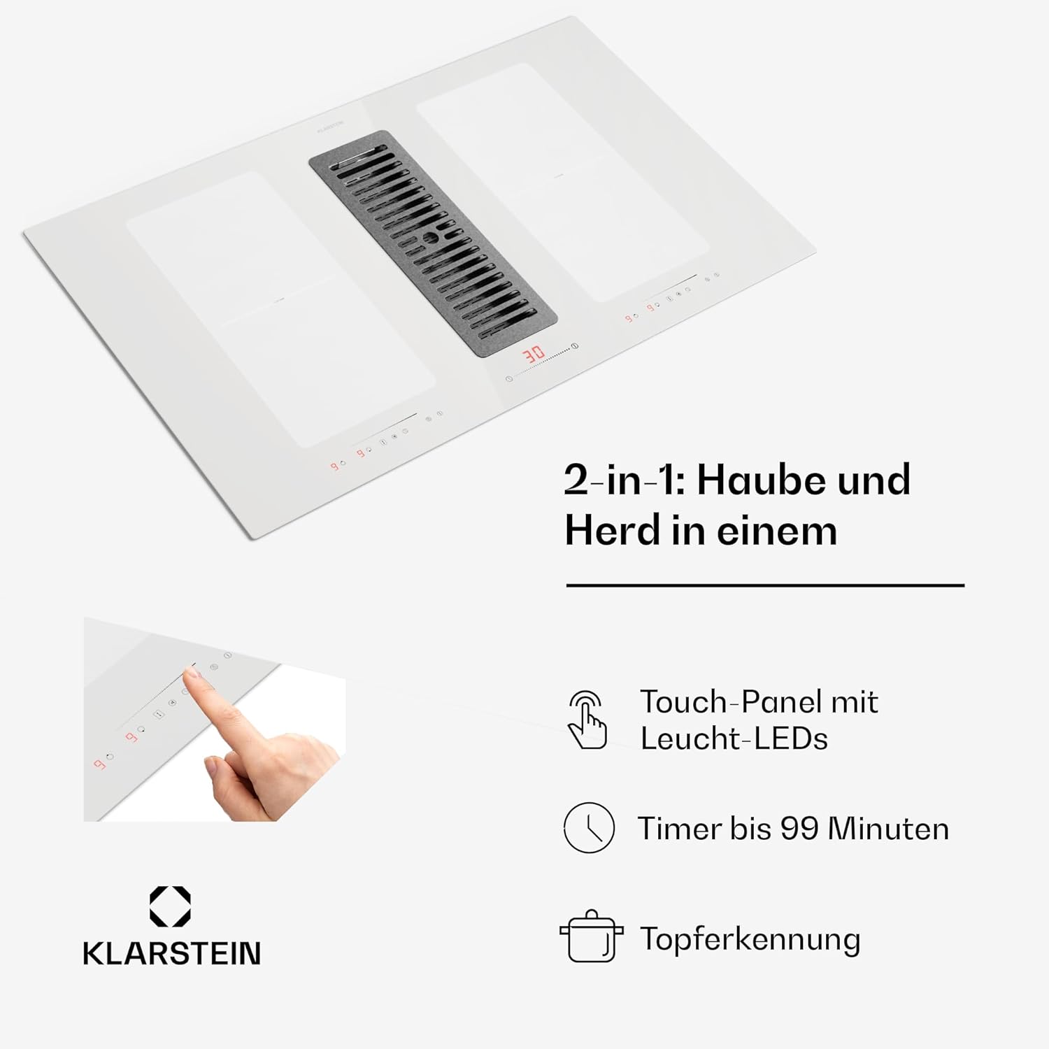 Klarstein 2-in-1 Induktionskochfeld mit Dunstabzug, Induktionskochfeld mit Abluft & Ventilator, 4-Zonen-Kochfeld, Glaskeramik-Einbauherd, Kochfeld mit Dunstabzug, Energieklasse A, 654m³/h Luftstrom