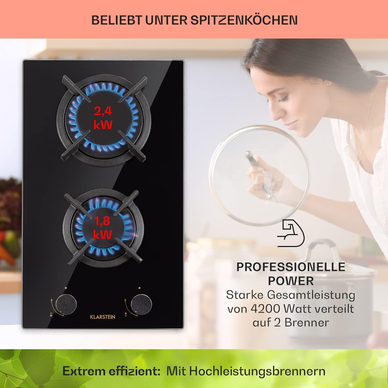 Klarstein Gasherd, Gaskochfeld 4 Flammig, Einbau-Gaskocher für Zuhause & Wohnmobil, Campingkocher mit Glasplatte, Gasherd für Propan- und Erdgas, Edelstahl Gas-Herdplatte Wok Brenner 8000 Watt