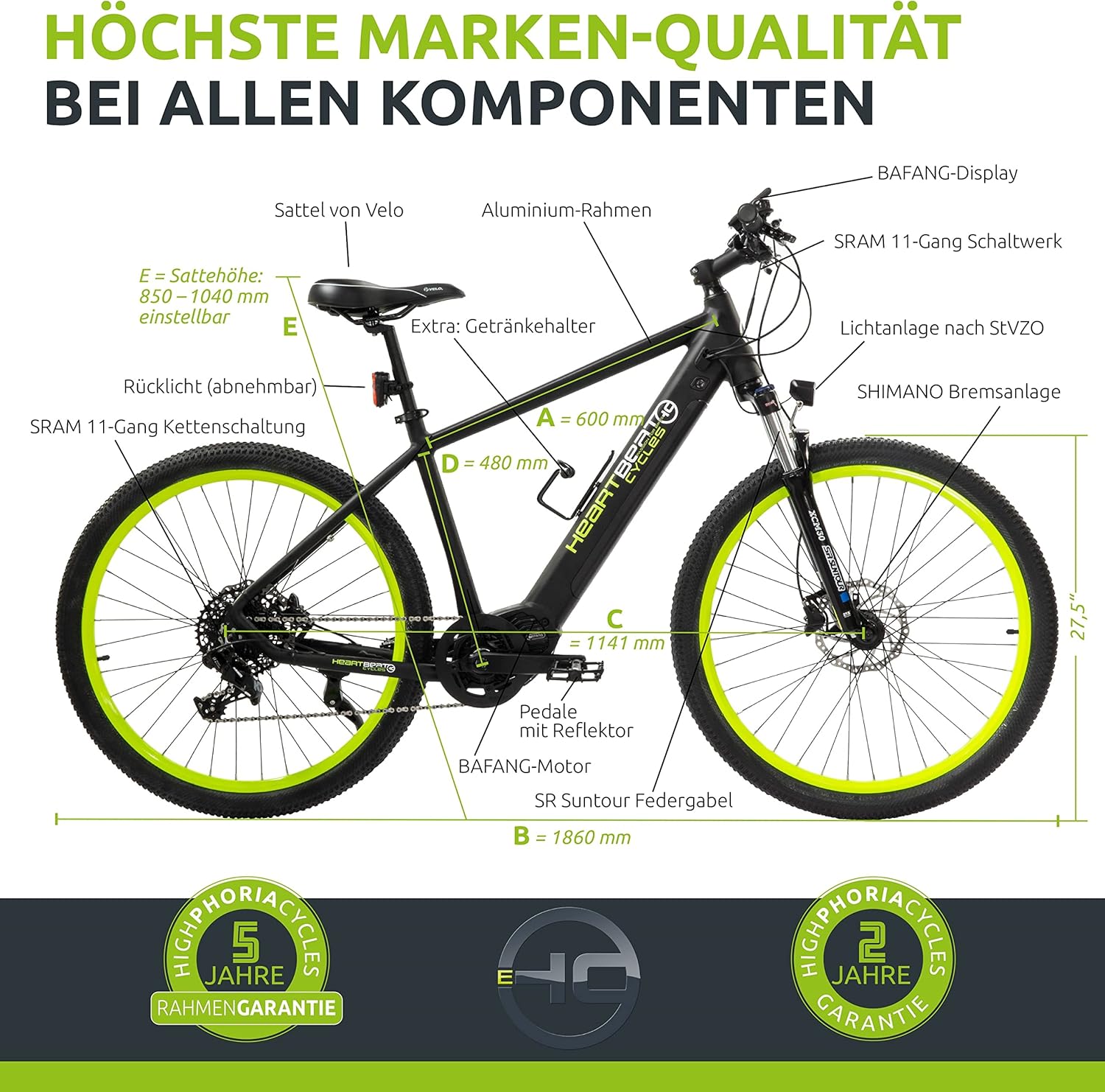 Highphoria Elektrofahrrad Erwachsene, 250W 25 km/h E-Bike mit Batterie, Starker Motor, Kettenschaltung, E-Mountainbike mit Hydraulische Federgabel Pedelec für Damen & Herren