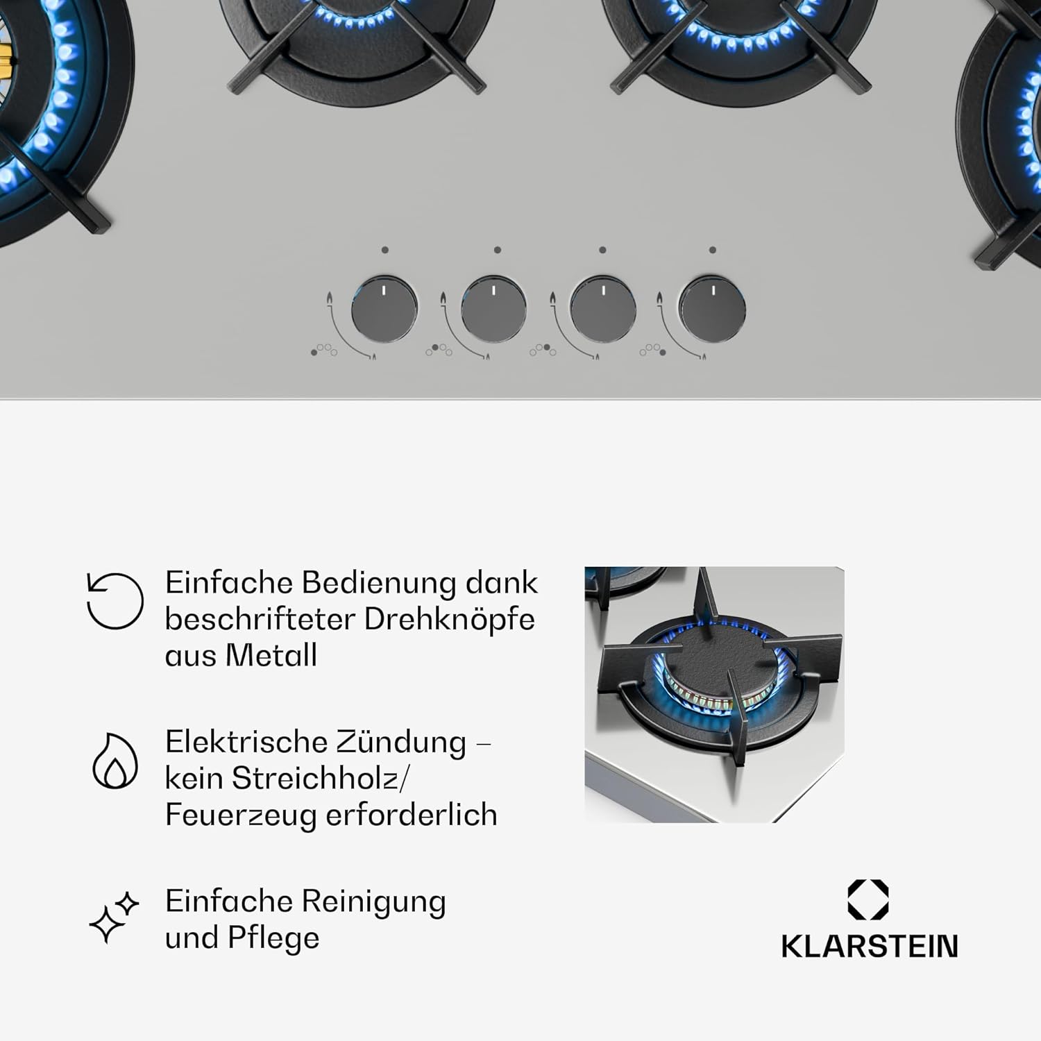 Klarstein Gasherd, Gaskochfeld 5 Flammen, Einbau-Gaskocher für Zuhause & Wohnmobil, Campingkocher mit Glasplatte, Gasherd für Propan- und Erdgas, Edelstahl Gas-Herdplatte Wok Brenner 10400 Watt