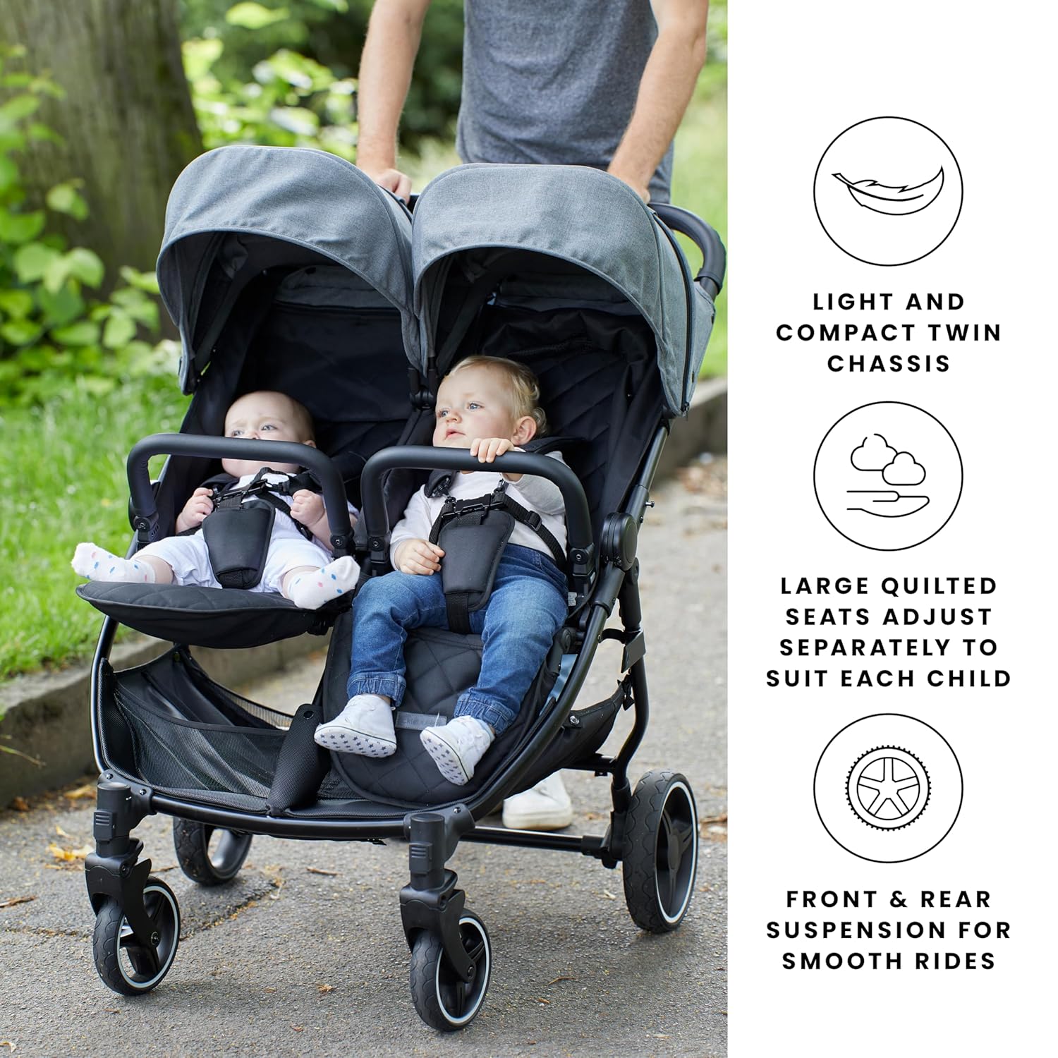 Venus Max Doppel kinderwagen - geeignet von Geburt bis 15 kg (ca. 3 Jahre), kompakter, leichter, faltbarer Zwillingskinderwagen, inklusive Regenschutz und Fußwärmer (Biscuit)