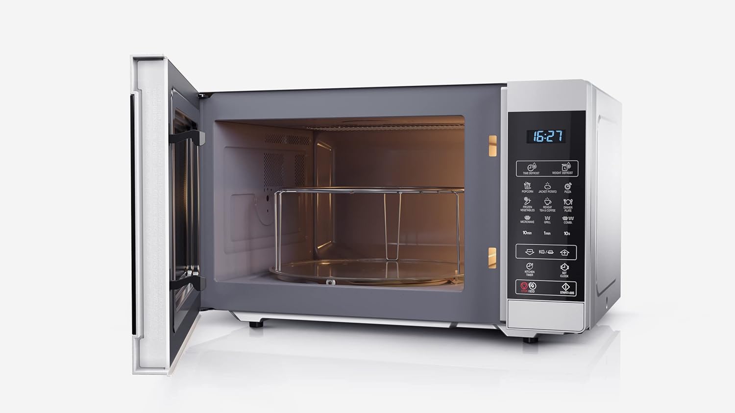 SHARP MG81ES Mikrowelle mit Grill (Mikrowelle: 900W, Grill: 1100W, 11 Leistungsstufen, Auftaufunktion, Abmessungen: 512x300x396cm, Emaille-Keramik-Garraum mit antibakteriellen Eigenschaften), silber