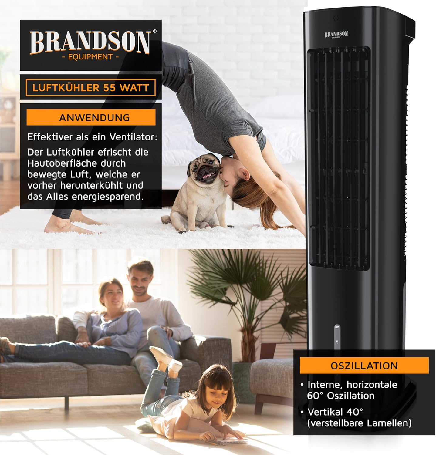 Brandson - Luftkühler mit Wasserkühlung 5 in 1 - Verdunstungskühler, Luftbefeuchter, Ventilator & Luftreiniger, mobile Klimaanlage ohne Abluftschlauch - Preisträger 2025 - leise - 5L Wassertank