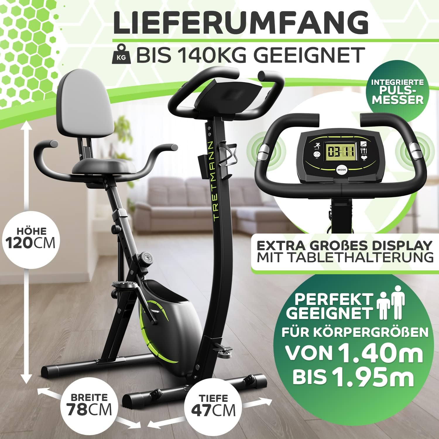 Tretmann NEU 3in1 Heimtrainer Fahrrad klappbar -extra leise & komfortabel - [SoftFoam] DEKRA geprüft - mit tiefem Einstieg Hometrainer Fahrrad Ergometer heimtrainer klappbar zuhause fitnessbikes