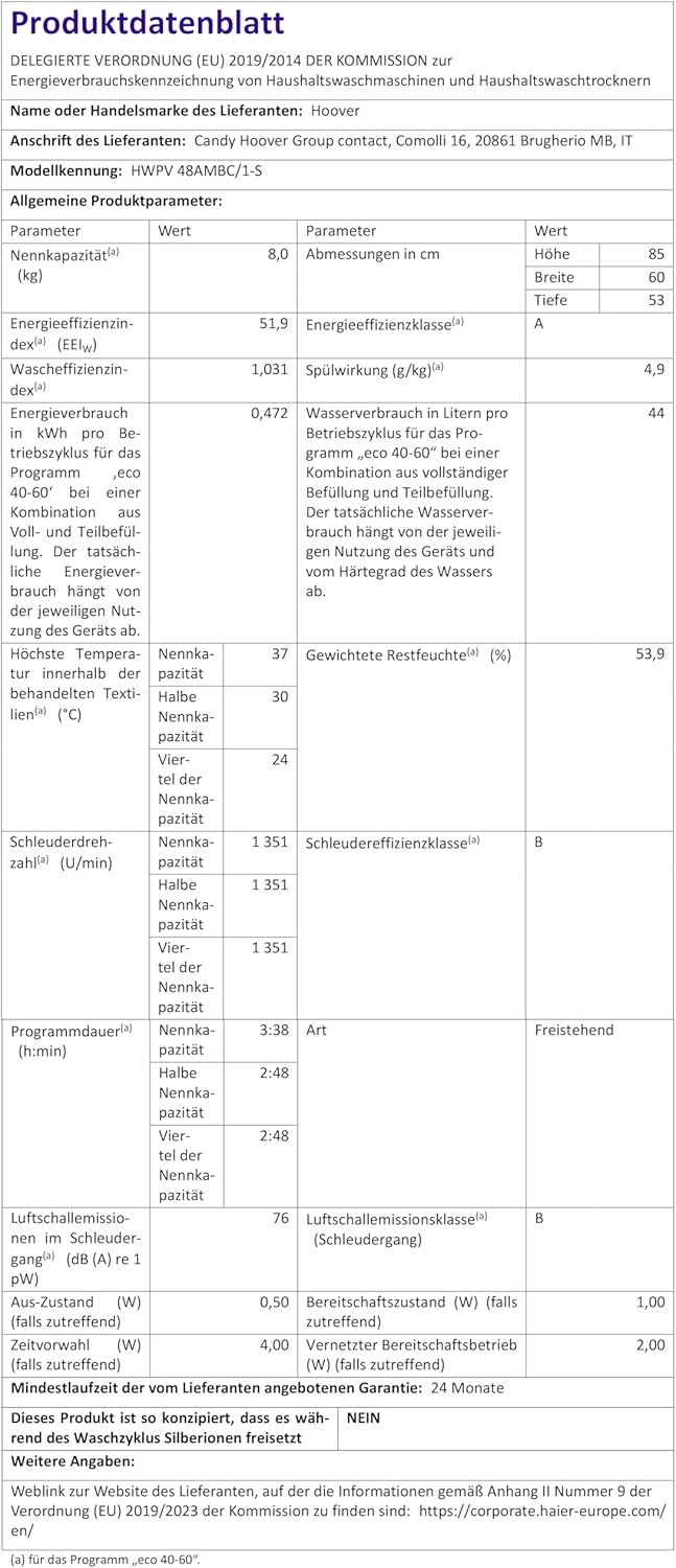 Hoover H-WASH 500 HWPV 48AMBC/1-S I FRONTLADER WASCHMASCHINE 8 kg I Smarte Bedienung mit Wi-Fi + Bluetooth I ActiveSteam Dampffunktion