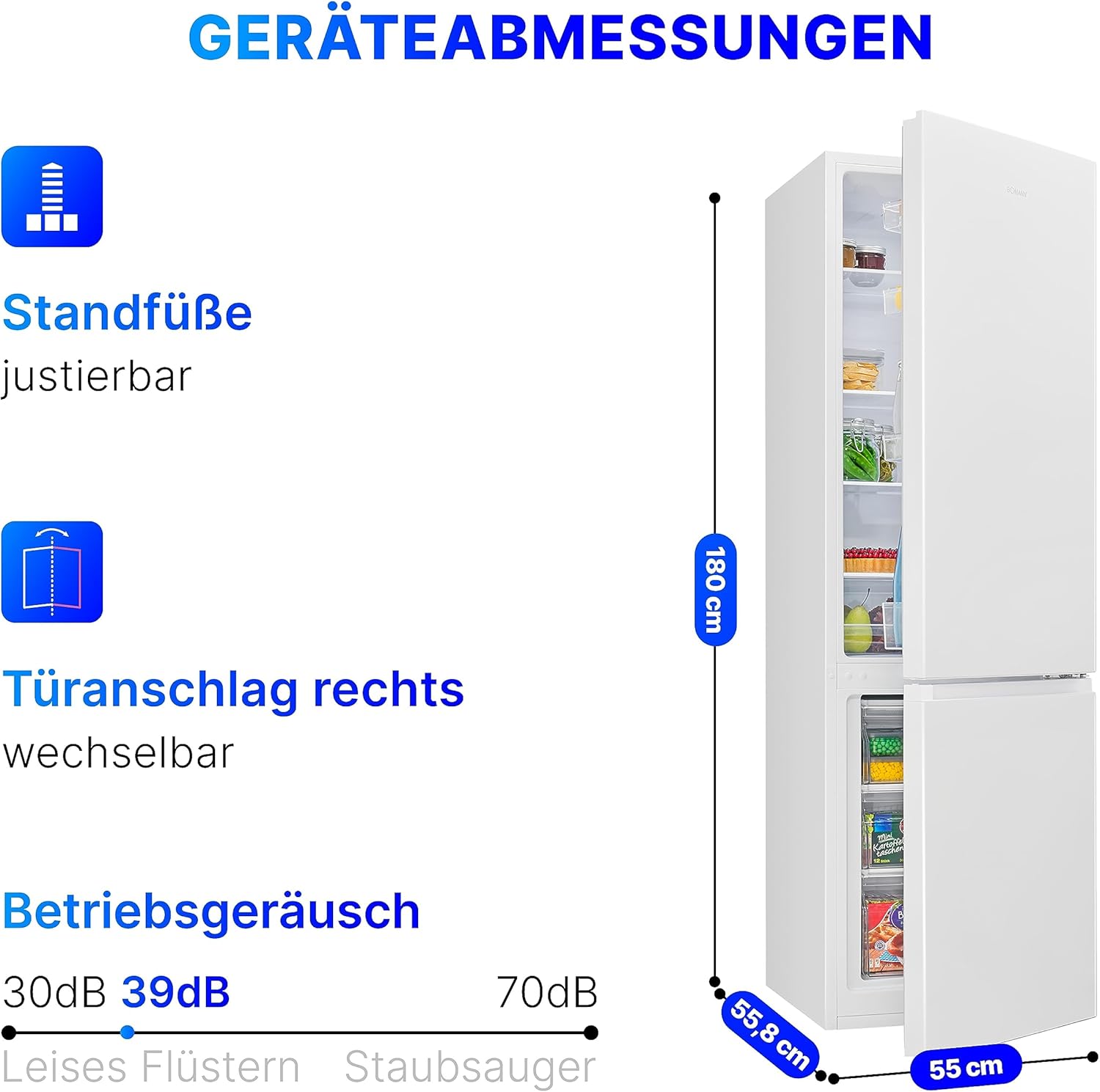 Bomann® Kühlgefrierkombination, 269 L Nutzinhalt - Kühlen: 198 L | Gefrieren: 71 L, Energiesparend, leise 39 dB, LED, wechselbarer Türanschlag, Höhe:180 x Breite: 55 x Tiefe: 55.8 cm - KG 184.1 weiß