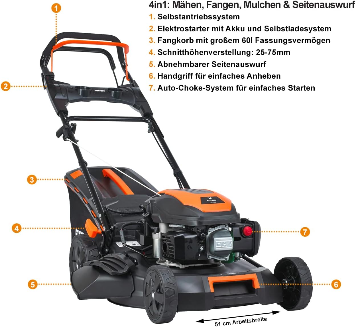 FUXTEC 4in1 Benzin Rasenmäher FX-RM5196eSPRO mit E-Start und regulierbarem Selbstantrieb, Gartenmäher inkl. Frontstoßstange, 51 cm Schnittbreite, kugelgelagerte Big Wheel Räder, 60L Grasfangkorb