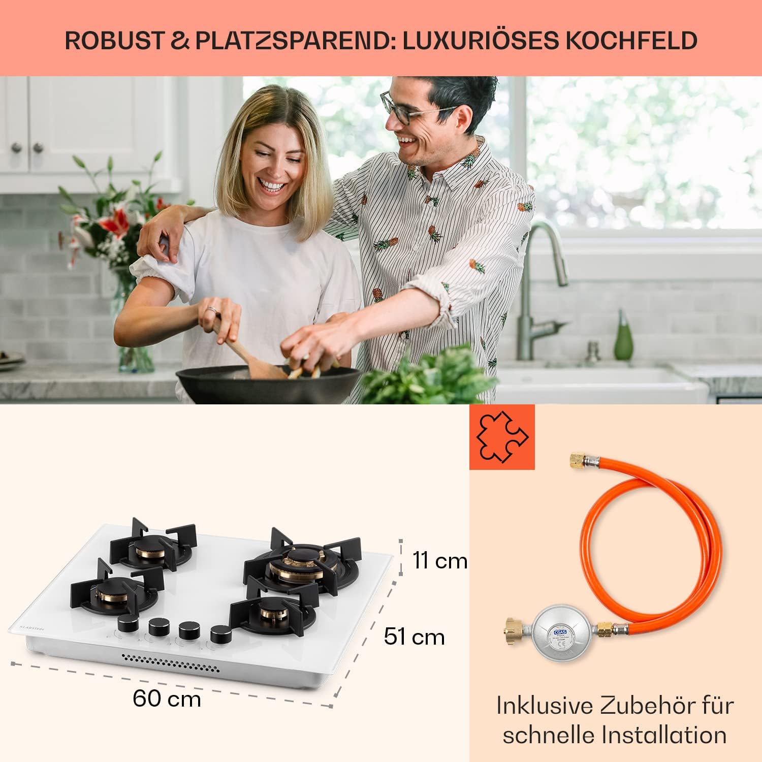 Klarstein Gasherd, Gaskochfeld 4 Flammig, Einbau-Gaskocher für Zuhause & Wohnmobil, Campingkocher mit Glasplatte, Gasherd für Propan- und Erdgas, Edelstahl Gas-Herdplatte Wok Brenner 8000 Watt