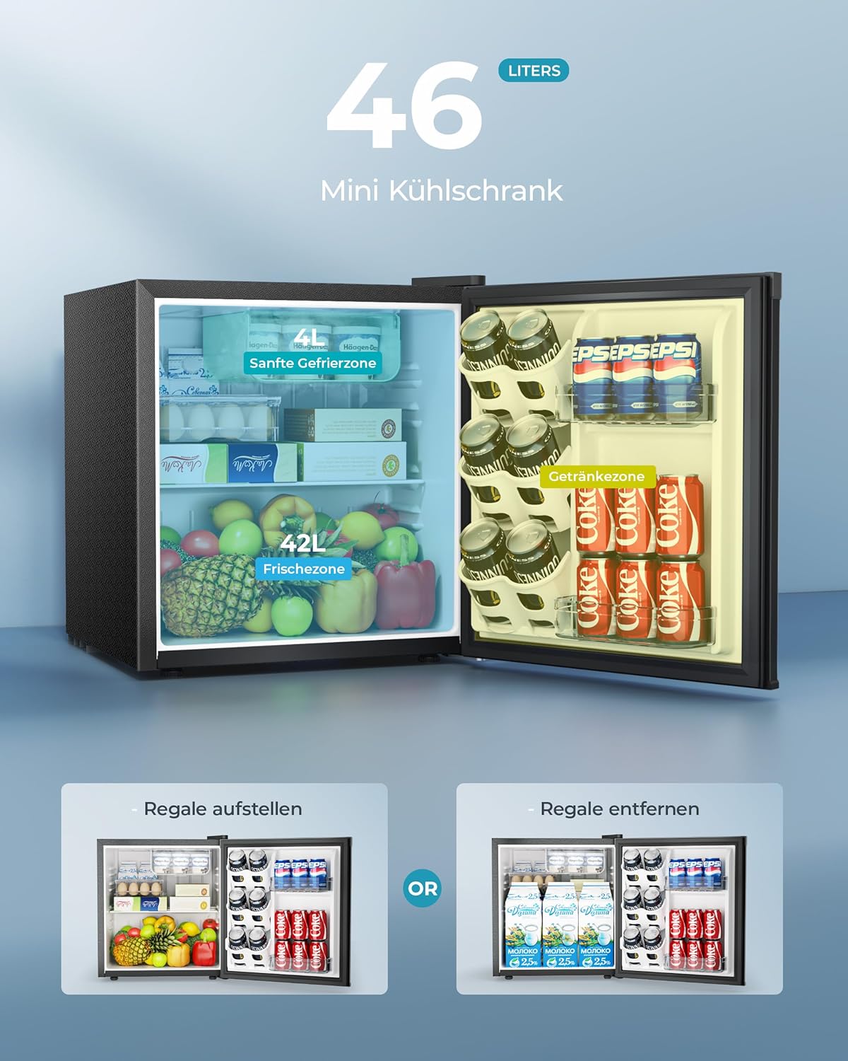 EUHOMY 46L Mini-Kühlschrank mit Umkehrbarer Tür, 7-Stufen Thermostat + Kühlbox, 39dB Ultra-Leise Kühlschrank klein für Schlafzimmer/Büro, Energieeffizient, Kompakt (Schwarz)