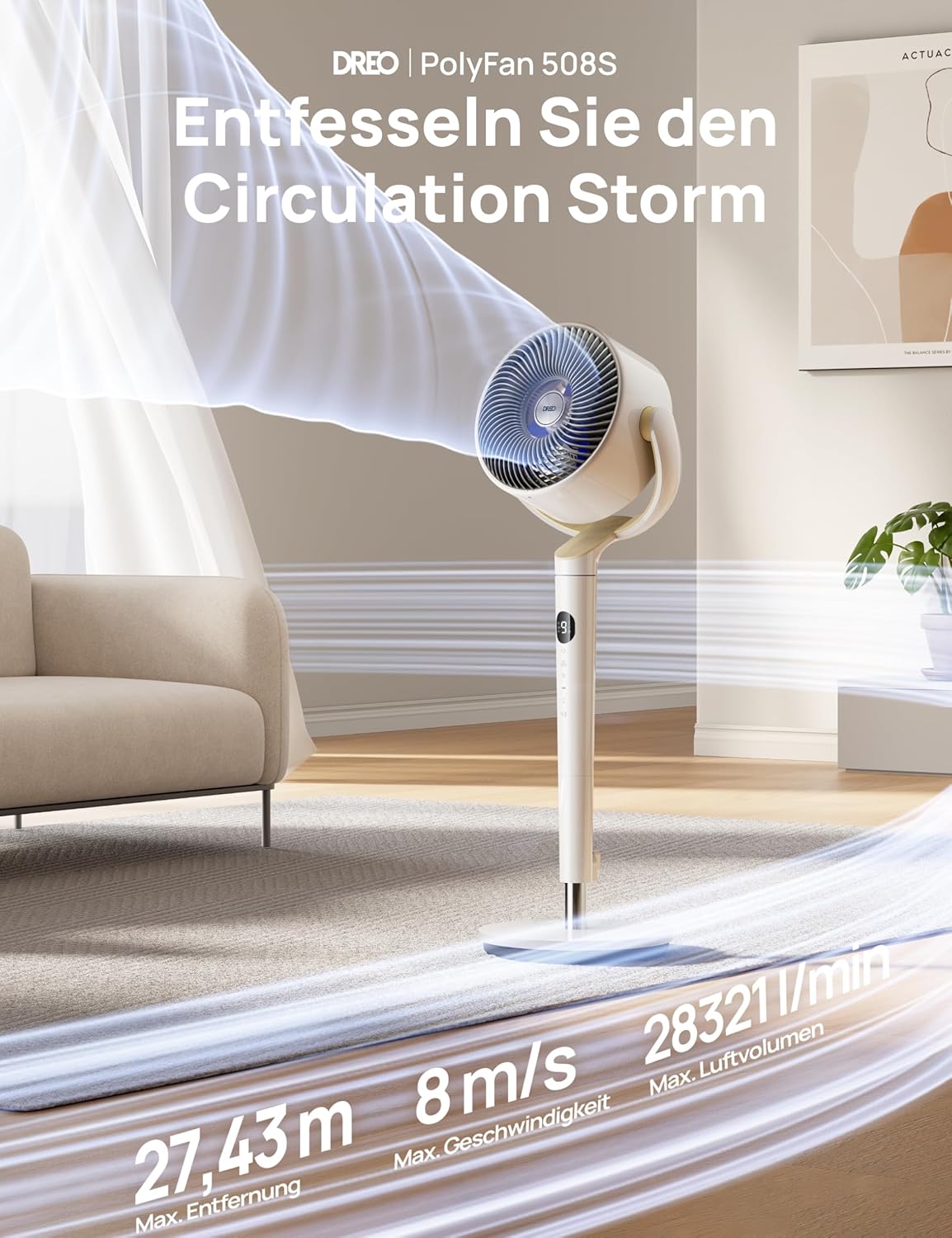 Dreo Smart Standventilator mit RGB Light, 120° +120° Oszillierender Ventilator mit Fernbedienung, 20dB Leiser Bodenventilator für Schlafzimmer, 8H Timer, Silber
