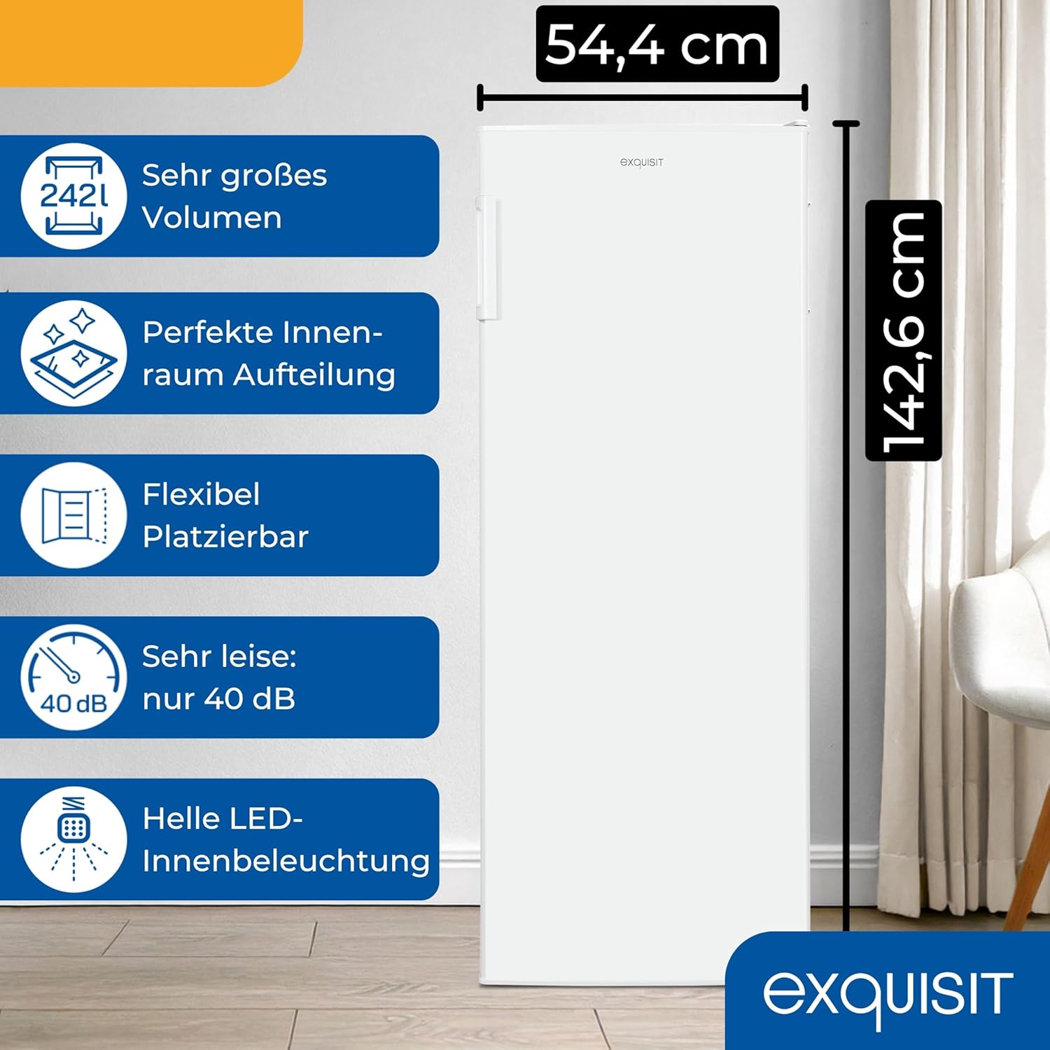 Exquisit Kühlschrank ohne Gefrierfach, Großer Kühlschrank, 5 Ablagen, 242 Liter, Vollraumkühlschrank 143 cm hoch, KS5320-V-H-040E weiss