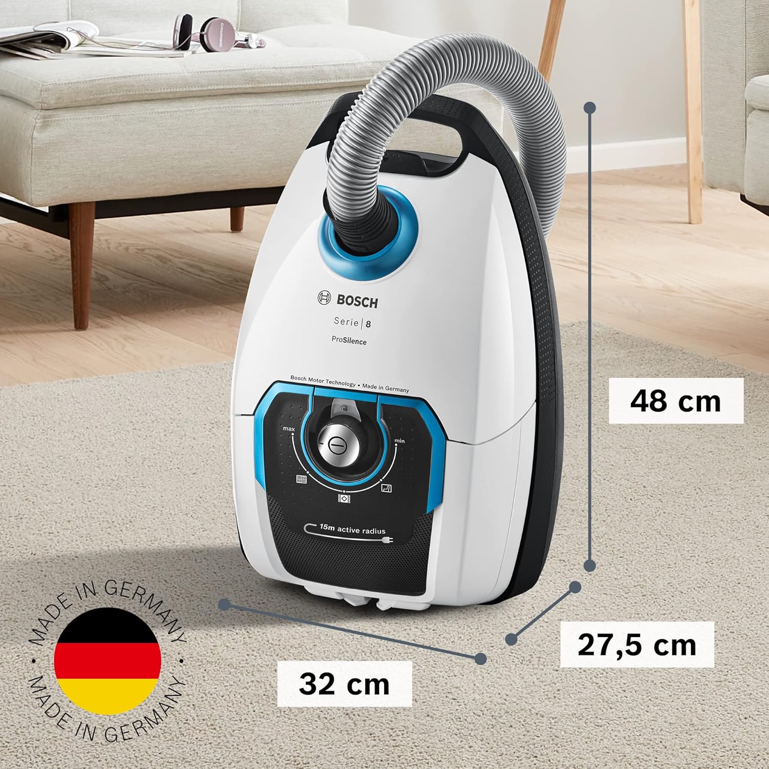Bosch Staubsauger mit Beutel Serie 8 BGB75X494, Bodenstaubsauger, ideal für Allergiker, Hygiene-Filter, Bodendüse für Parkett, Teppich, Fliesen, langes Kabel, leise, 650 W, blau