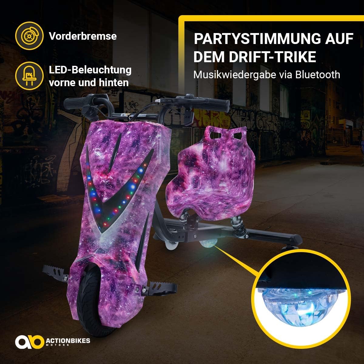 Actionbikes Motors Kinder Elektro Driftscooter | 𝟐𝟓𝟎 Watt Motor - Drift Cart 360°- 3 Geschwindigkeitsstufen - LED-Beleuchtung - Sitz verstellbar - Bluetooth - Drift Kart - Drift Auto (Space Purple)