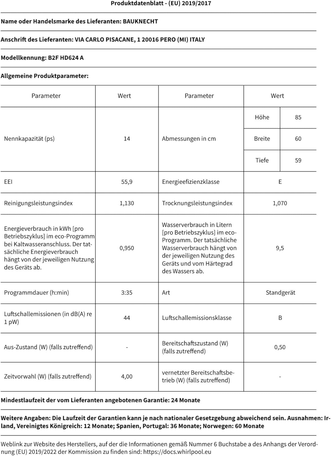 Bauknecht B2F HD624 A Freistehender Geschirrspüler/ 60 CM/ 14 Maßgedecke/Hygieneprogramm/Vollwasserschutz/Startzeitvorwahl