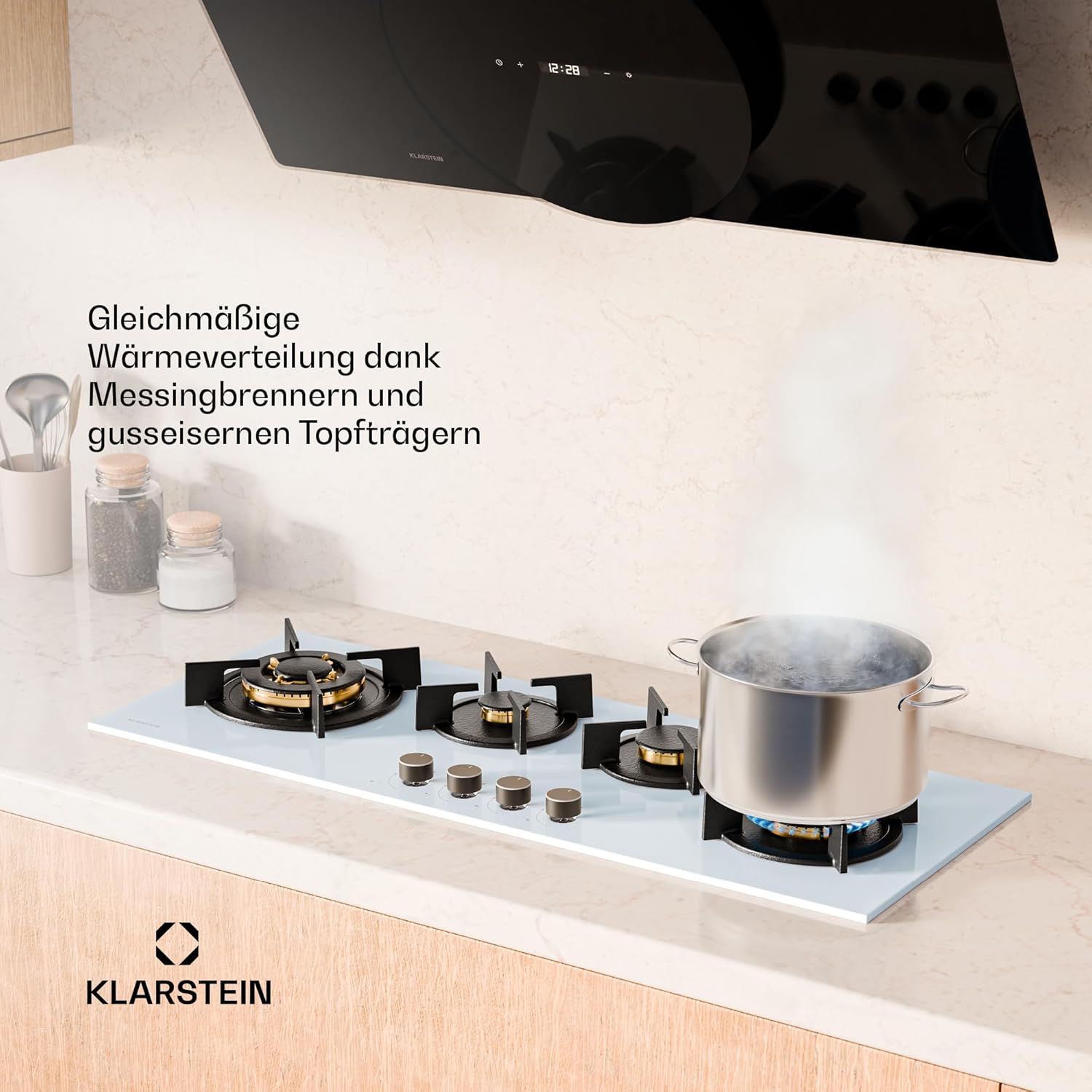 Klarstein Gasherd, Gaskochfeld 5 Flammen, Einbau-Gaskocher für Zuhause & Wohnmobil, Campingkocher mit Glasplatte, Gasherd für Propan- und Erdgas, Edelstahl Gas-Herdplatte Wok Brenner 10400 Watt