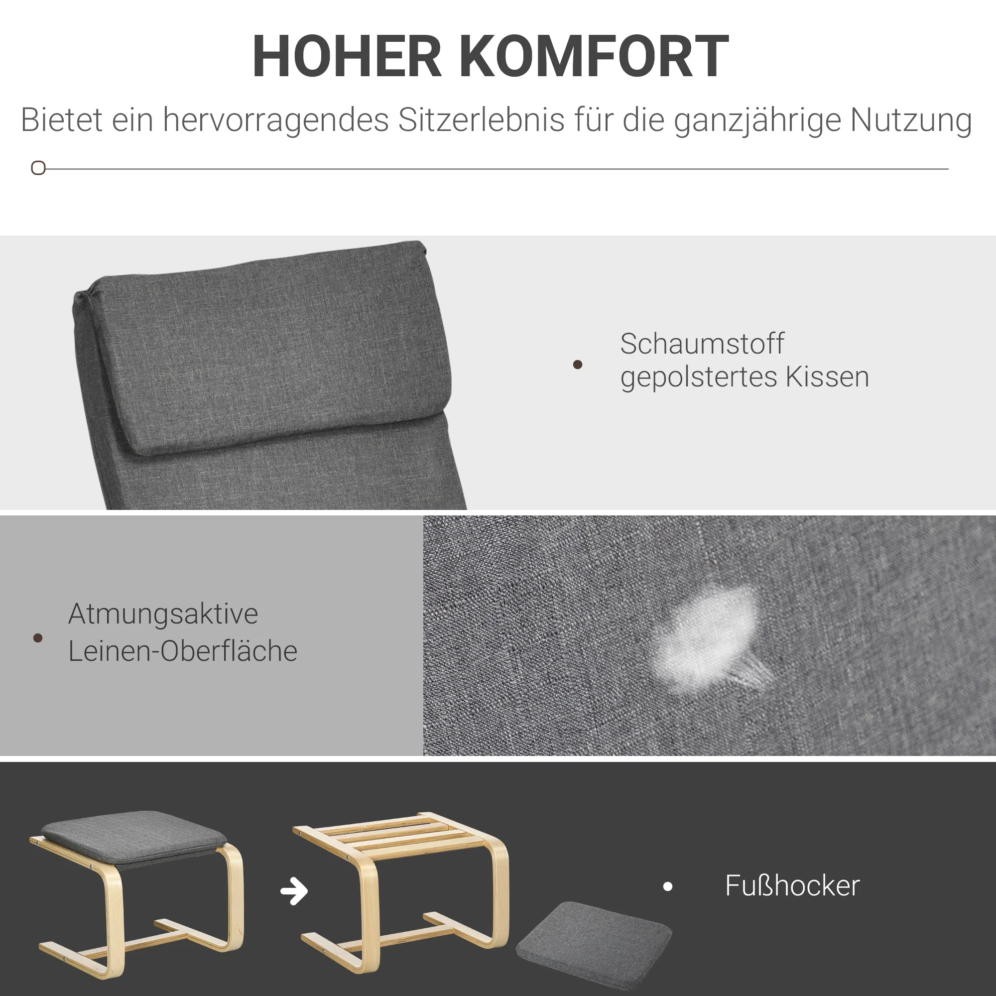 HOMCOM Relaxsessel mit Fußhocker, Leinenbezug Grau, 66,5×80×99 cm